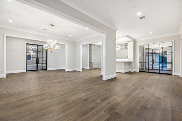 Chandelier, Empty room, Interior, Pendant Lights, Recessed Lighting, Wood Texture Flooring