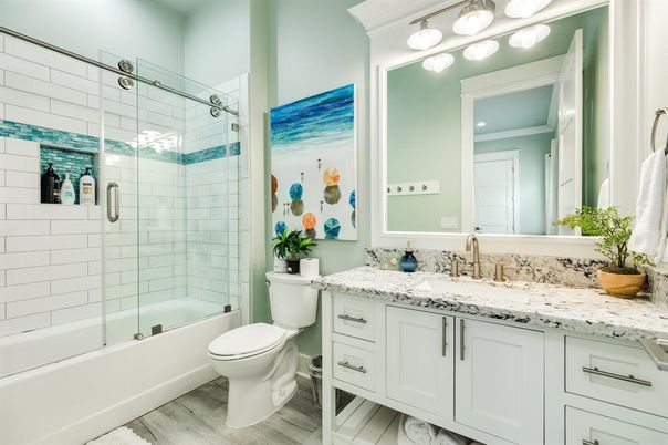 Bathroom, Glass Shower, Interior, Wood Texture Flooring