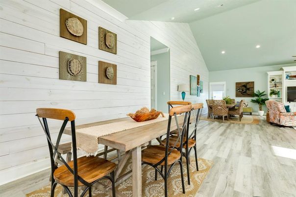 Dining room, Interior, Living room, Recessed Lighting, Wood Texture Flooring