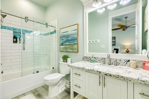 Bathroom, Glass Shower, Interior, Wood Texture Flooring