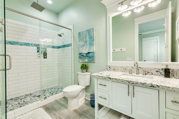 Bathroom, Glass Shower, Interior, Recessed Lighting, Wood Texture Flooring