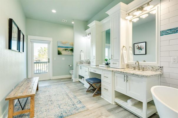 Bathroom, Dual Sink Vanities, Free Standing Baths, Interior, Recessed Lighting, Wood Texture Flooring