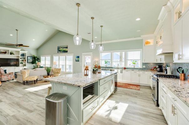 Interior, Kitchen, Living room, Pendant Lights, Recessed Lighting, Wood Texture Flooring