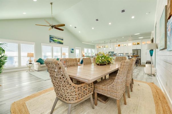 Dining room, Interior, Kitchen, Living room, Pendant Lights, Recessed Lighting, Stainless Steel Appliances, Wood Texture Flooring