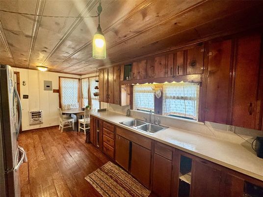 Dining room, Interior, Kitchen, Pendant Lights, Wooden Ceilings, Wood Texture Flooring, Wooden Walls