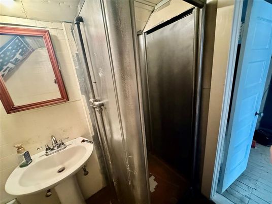 Bathroom, Glass Shower, Interior, Wood Texture Flooring