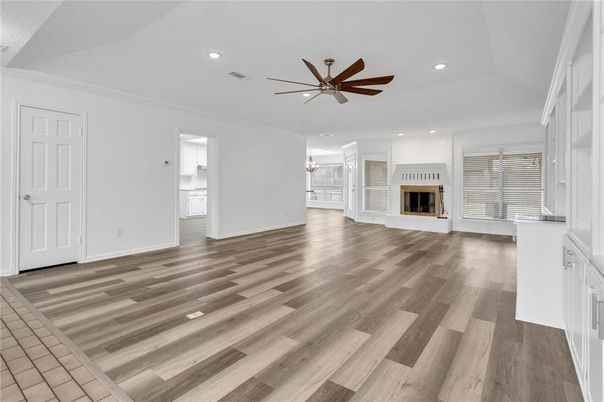 Empty room, Fireplace, Interior, Recessed Lighting, Wood Texture Flooring