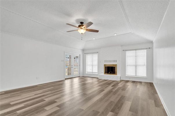 Empty room, Fireplace, Interior, Recessed Lighting, Wood Texture Flooring