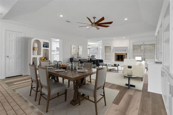 Dining room, Fireplace, Interior, Living room, Recessed Lighting, Wood Texture Flooring