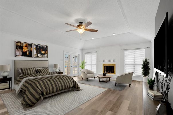 Bedroom, Fireplace, Interior, Recessed Lighting, Wood Texture Flooring