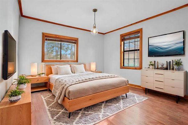 Bedroom, Interior, Pendant Lights, Wood Texture Flooring