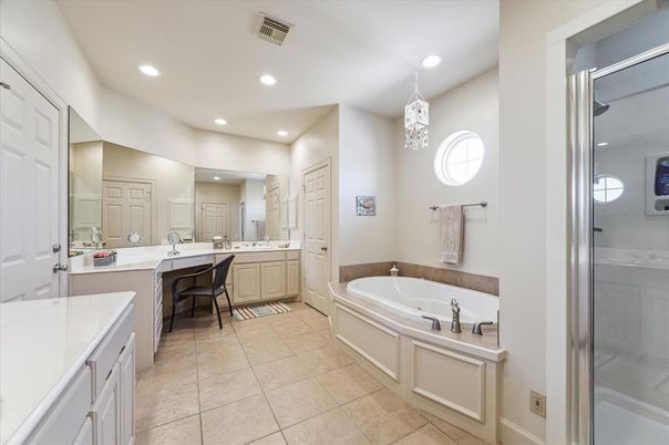 Bathroom, Dual Sink Vanities, Interior, Pendant Lights, Recessed Lighting