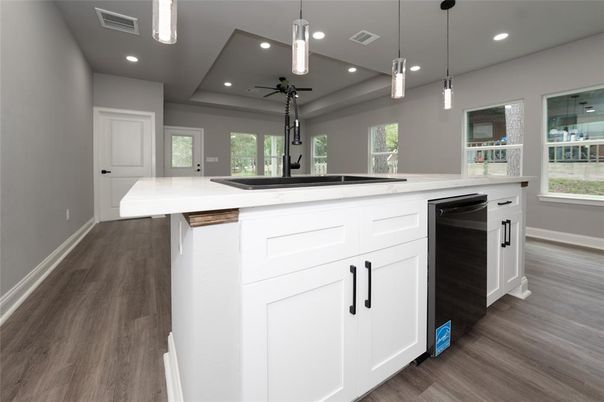Interior, Kitchen, Pendant Lights, Recessed Lighting, Wood Texture Flooring
