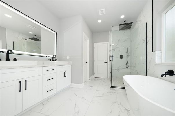 Bathroom, Dual Sink Vanities, Free Standing Baths, Glass Shower, Interior, Marble, Marble Walls, Recessed Lighting