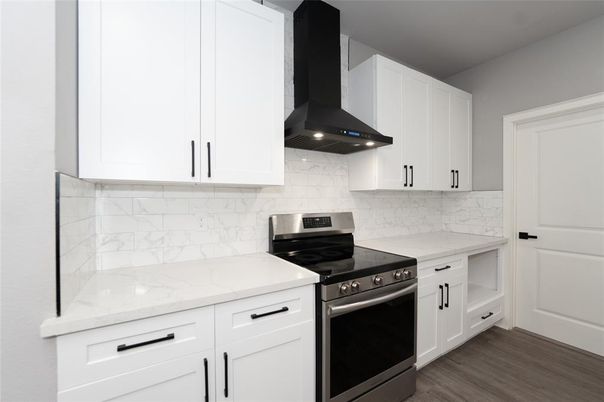 Interior, Kitchen, Marble Walls, Stainless Steel Appliances, Wood Texture Flooring