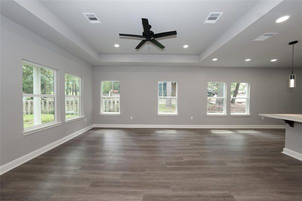 Empty room, Interior, Pendant Lights, Recessed Lighting, Wood Texture Flooring