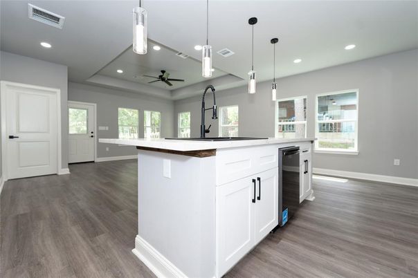 Interior, Kitchen, Pendant Lights, Recessed Lighting, Wood Texture Flooring