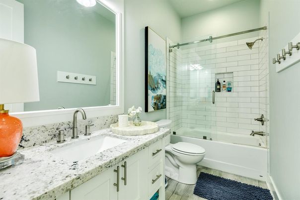 Bathroom, Glass Shower, Interior, Wood Texture Flooring