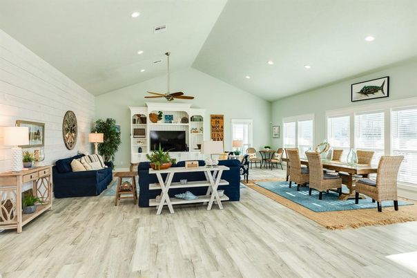 Dining room, Interior, Living room, Recessed Lighting, Wood Texture Flooring