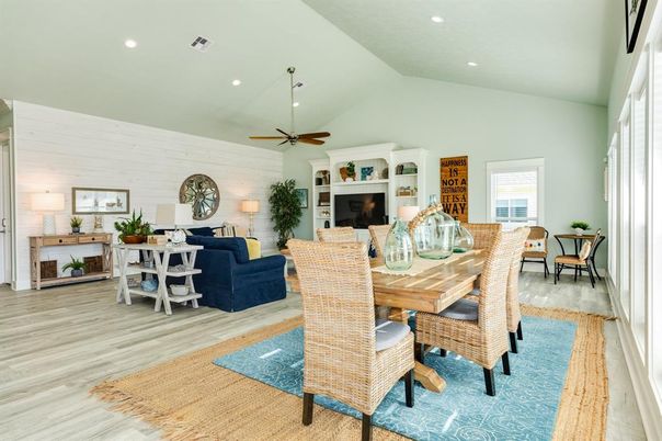 Dining room, Interior, Living room, Recessed Lighting, Wood Texture Flooring
