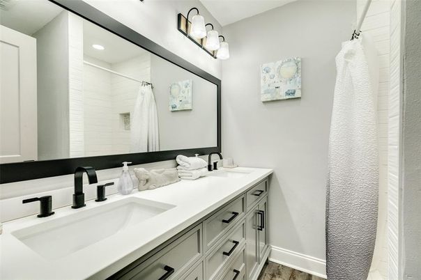 Bathroom, Dual Sink Vanities, Interior, Recessed Lighting, Wood Texture Flooring