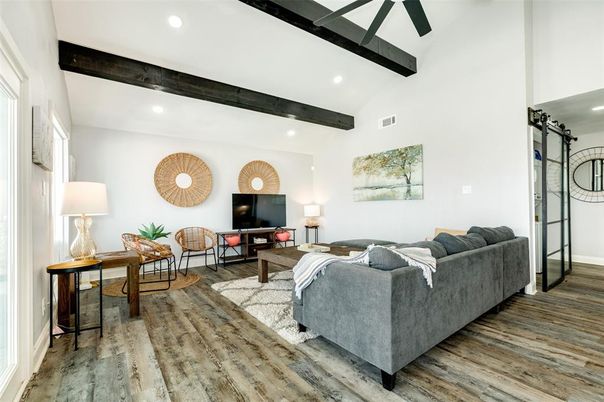 Interior, Living room, Recessed Lighting, Wooden Beams, Wood Texture Flooring