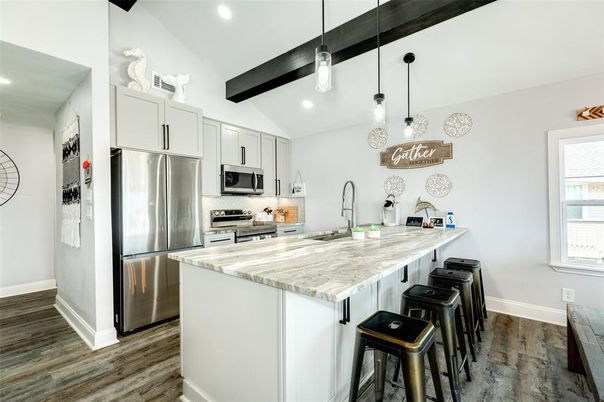 Interior, Kitchen, Pendant Lights, Recessed Lighting, Stainless Steel Appliances, Wooden Beams, Wood Texture Flooring