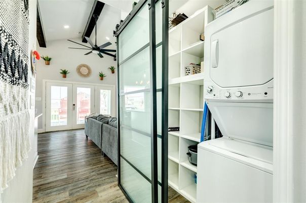 Interior, Recessed Lighting, Utility Closets, Washer, Wooden Beams, Wood Texture Flooring