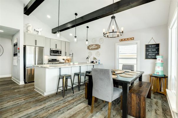Dining room, Interior, Kitchen, Pendant Lights, Recessed Lighting, Stainless Steel Appliances, Wooden Beams, Wood Texture Flooring