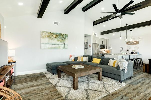 Interior, Kitchen, Living room, Pendant Lights, Recessed Lighting, Stainless Steel Appliances, Wooden Beams, Wood Texture Flooring