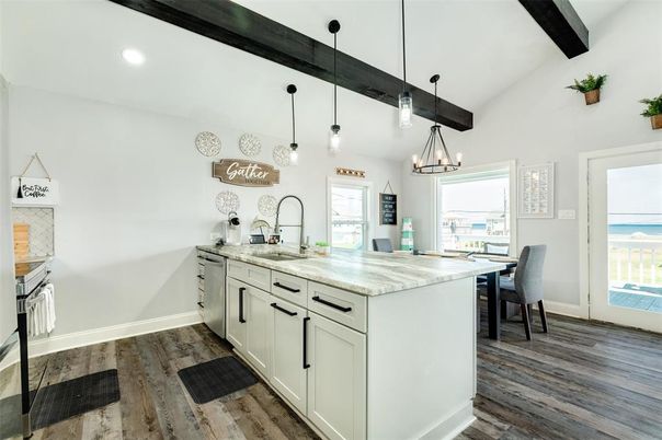 Dining room, Interior, Kitchen, Pendant Lights, Recessed Lighting, Water, Wooden Beams, Wood Texture Flooring