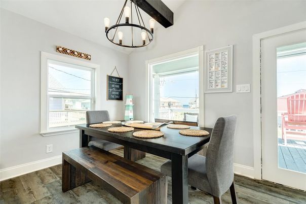 Dining room, Interior, Pendant Lights, Wood Texture Flooring