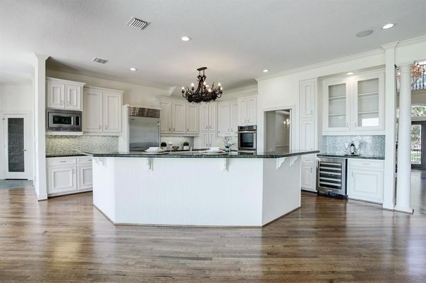 Chandelier, Interior, Kitchen, Recessed Lighting, Stainless Steel Appliances, Wood Texture Flooring