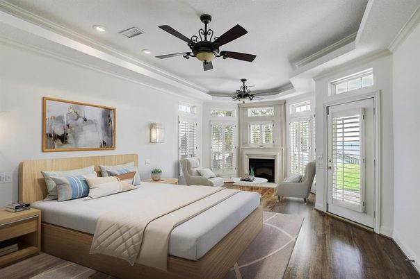 Bedroom, Fireplace, Interior, Recessed Lighting, Wood Texture Flooring