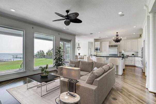 Chandelier, Interior, Kitchen, Living room, Recessed Lighting, Water, Wood Texture Flooring