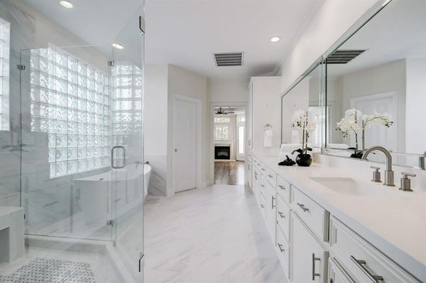 Bathroom, Dual Sink Vanities, Glass Shower, Interior, Marble, Recessed Lighting