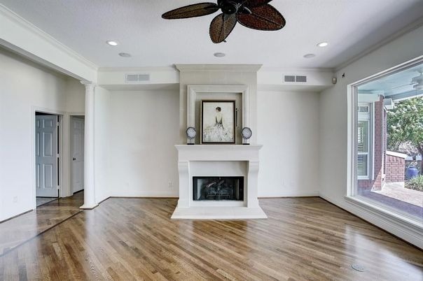Empty room, Fireplace, Interior, Recessed Lighting, Wood Texture Flooring