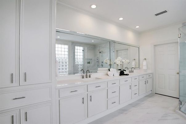 Bathroom, Dual Sink Vanities, Glass Shower, Interior, Marble, Recessed Lighting