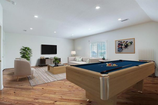 Billiard Table, Game Room, Interior, Recessed Lighting, Wood Texture Flooring