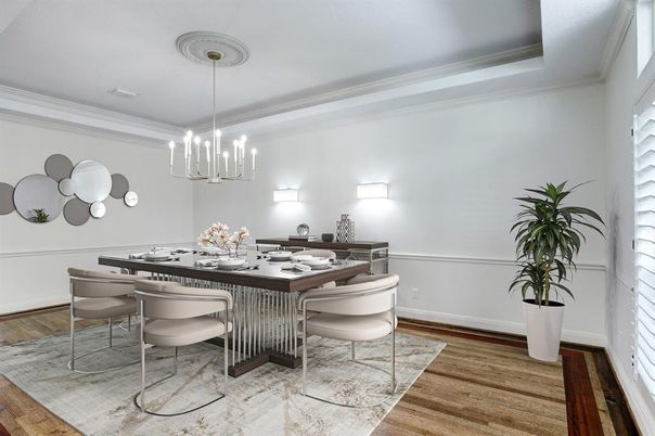 Dining room, Interior, Pendant Lights, Wood Texture Flooring