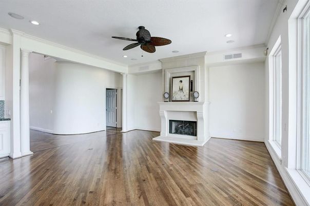 Empty room, Fireplace, Interior, Recessed Lighting, Wood Texture Flooring