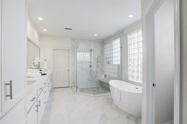 Bathroom, Dual Sink Vanities, Free Standing Baths, Glass Shower, Interior, Marble, Marble Walls, Recessed Lighting