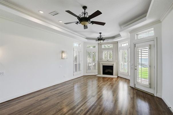 Empty room, Fireplace, Interior, Recessed Lighting, Wood Texture Flooring