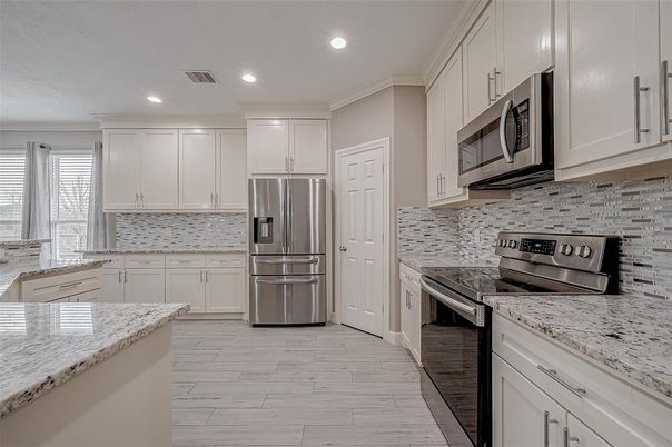 Interior, Kitchen, Recessed Lighting, Stainless Steel Appliances, Wood Texture Flooring