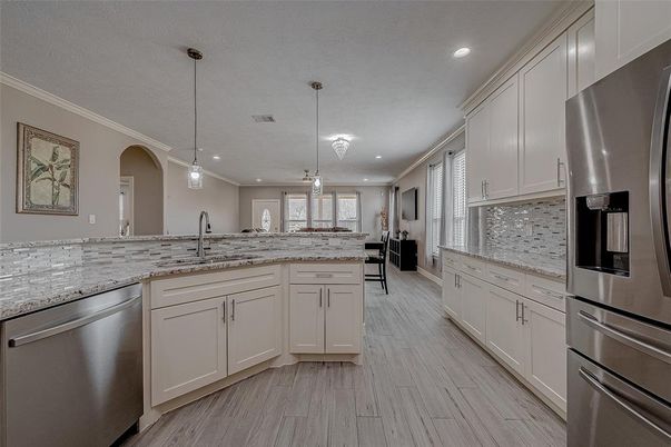 Interior, Kitchen, Pendant Lights, Recessed Lighting, Stainless Steel Appliances, Wood Texture Flooring