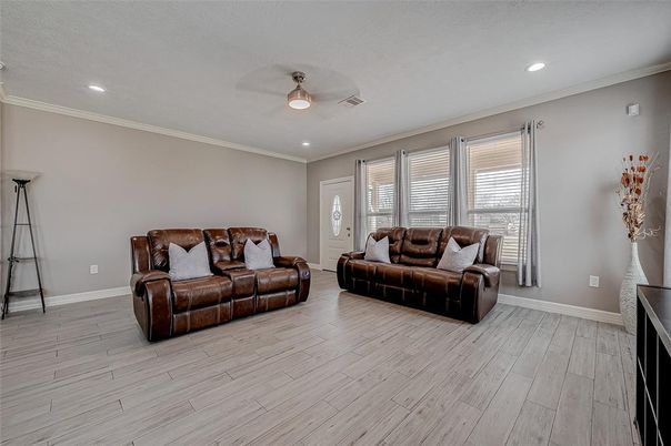 Interior, Living room, Recessed Lighting, Wood Texture Flooring