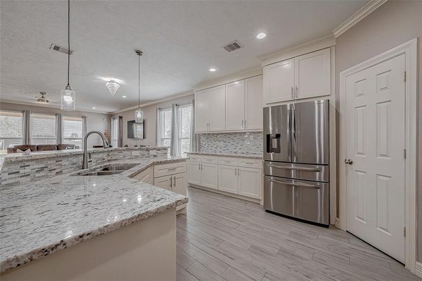 Interior, Kitchen, Pendant Lights, Recessed Lighting, Stainless Steel Appliances, Wood Texture Flooring