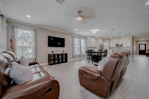 Dining room, Interior, Kitchen, Living room, Pendant Lights, Recessed Lighting, Wood Texture Flooring