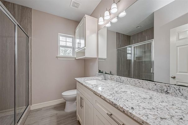 Bathroom, Glass Shower, Interior, Wood Texture Flooring