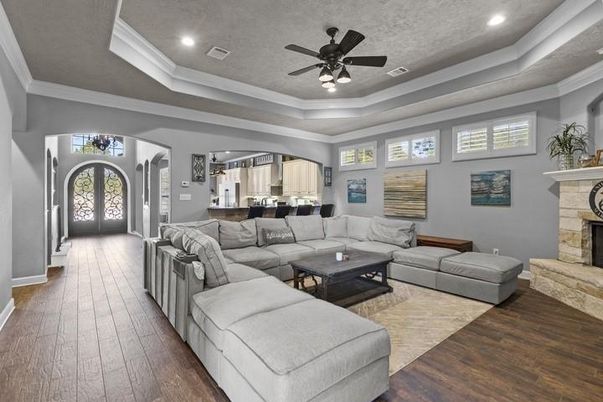 Fireplace, Interior, Kitchen, Living room, Recessed Lighting, Wood Texture Flooring